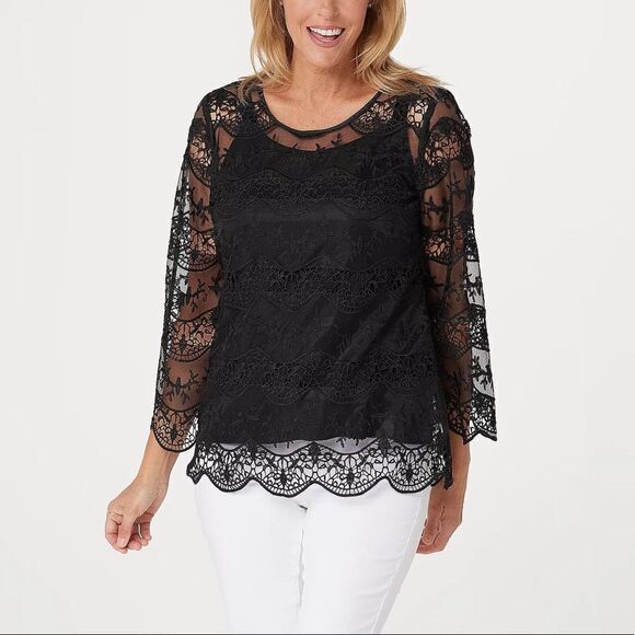 Dennis Basso Knit Camisole Embroidered Mesh Top - Picture 1 of 5
